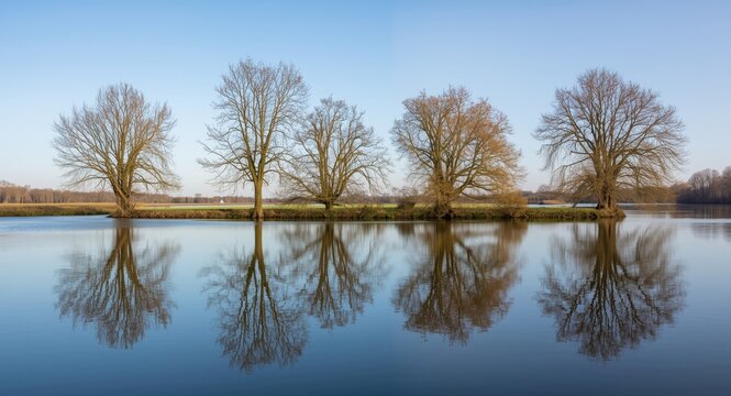 Calm water surface in a polder reflecting six distinct trees in landscape format