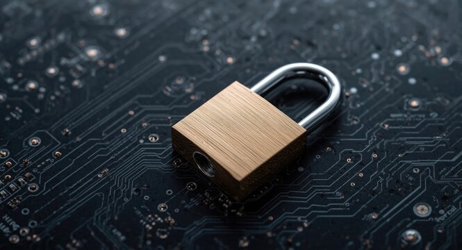 Metal lock on the surface of a computer board demonstrating digital safety
