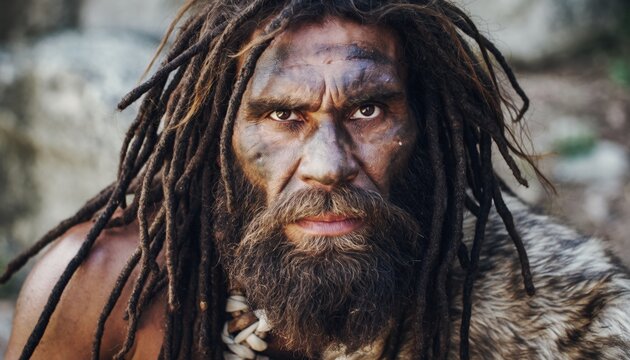 Primitive man portrayed in wilderness historical art natural environment close-up