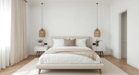 Fototapeta premium Off white bedroom in mid century style with big bed complemented by marble bedside tables and rattan lighting