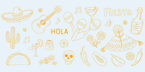 Mexican Fiesta Doodle Elements with Sombrero, Guitar, and Tequila Keywords: mexican, fiesta, hola, sombrero, guitar, maracas © MdZabed