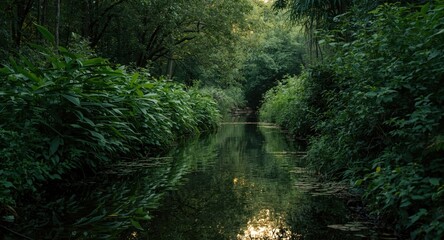 Obraz premium Green dense vegetation along a quiet scenic water channel at sunrise