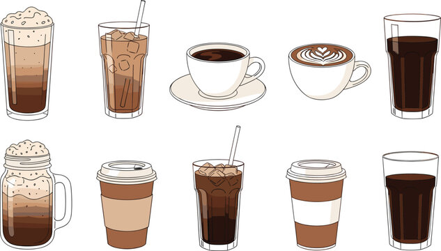 Coffee drinks vector set with iced coffee latte cappuccino and espresso. Variety of cafe beverages in cups and glasses. Ideal for menu, barista and coffee shop design.