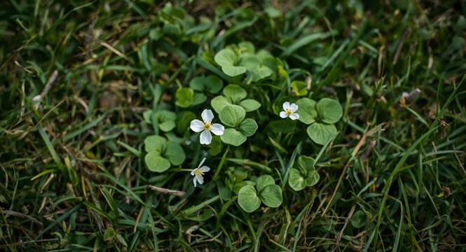 Photograph of Mouse ear Chickweed with delicate blooms on a healthy lawn in spring