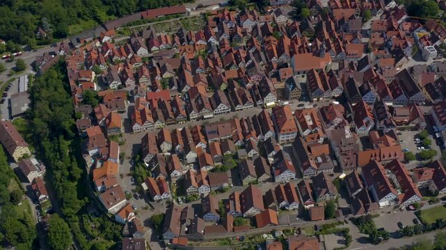 Aerial view of the old town above the city of Marbach in south Germany, on a sunny spring day.