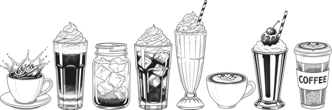 Hand drawn coffee drinks vector set. Sketch style espresso iced coffee milkshake and latte illustrations. Vintage cafe beverages for menu design, packaging and branding.