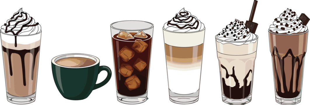 Coffee drinks vector set with latte espresso iced coffee and frappuccino. Realistic cafe beverages with cream chocolate and ice. Perfect for menu, barista and coffee shop design.