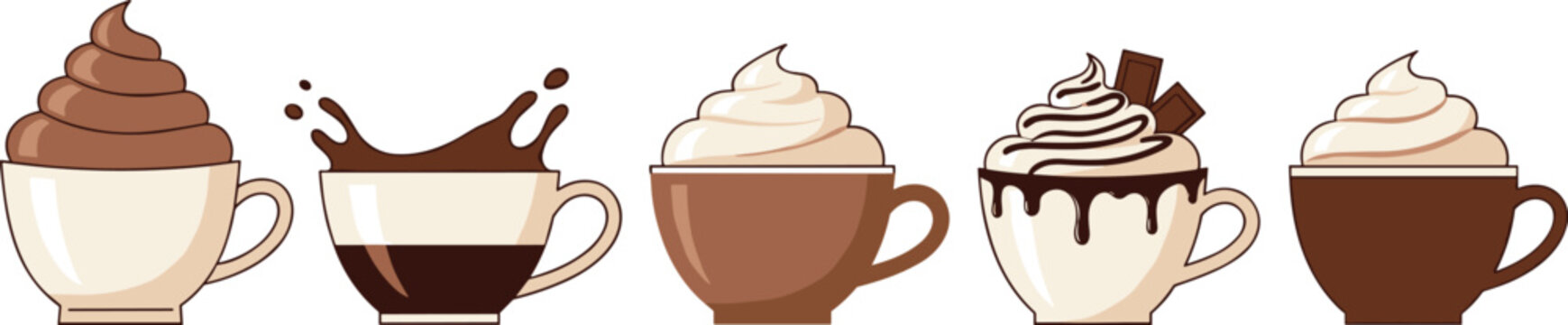 Coffee cups vector set. Chocolate and creamy drinks with whipped toppings in flat style. Cozy caf&eacute; illustrations for menus dessert drinks and beverage design.