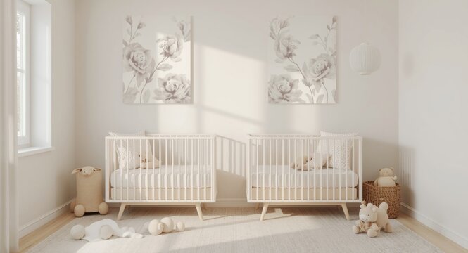Pastel accented nursery with twin cribs and tasteful floral wall art creating a peaceful setting