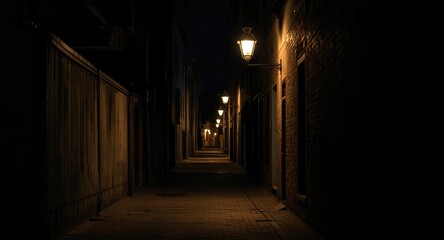 Obraz premium Quiet urban alley captured at night with moody illuminating street lamps