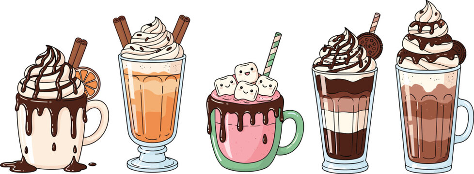 Sweet coffee desserts vector set. Chocolate milkshakes frappes and creamy drinks with toppings. Cute illustrations for caf&eacute; menus dessert drinks and trendy beverage design.