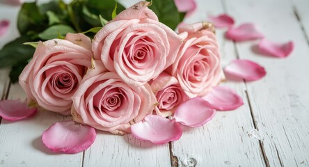 Naklejka premium Pink tea roses with soft petals on worn white wood highlighting nostalgic romance
