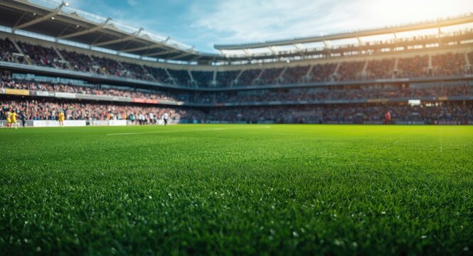 Full length view of green grass sports field with cheering fans in stands for soccer and baseball with copy space