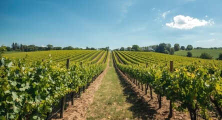 Naklejka premium Expansive Vineyard Fields on a Sunny Harvest Day