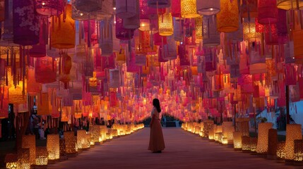 Fototapeta premium Chinese traditional lunar new year Spring Festival celebration in Asia. A woman in a long dress standing in the middle of a vibrant, multicolored corridor illuminated by numerous hanging lanterns.