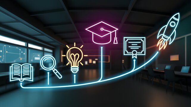Educational path and career development growth with neon icons for study, idea, graduation, and success representing learning to success journey