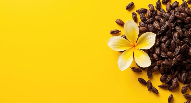 Bright yellow kitchen ingredient background showing vanilla beans and flower