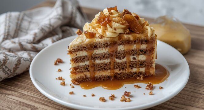 Indulgent layered Dobosh cake with caramel glaze beautifully plated on white ceramic