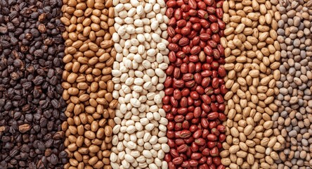 Fototapeta premium Selection of multicolored dry legumes displayed on natural wooden texture backdrop with copy space