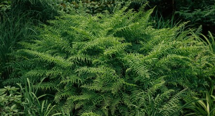 Fototapeta premium Full view of a dense fern bush surrounded by garden plants