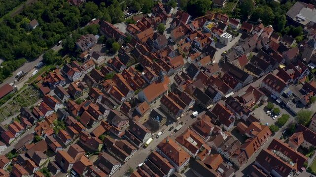 Aerial view of the old town above the city of Marbach in south Germany, on a sunny spring day.