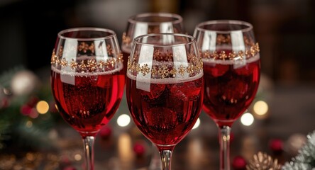 Fototapeta premium Festive beverage presentation with red wine glasses decorated for joy