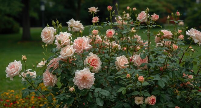 Elegant roses blooming profusely in a tranquil park space