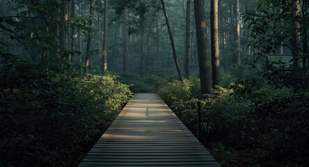 Obraz premium Gentle wooden jetty surrounded by dense forest scenery