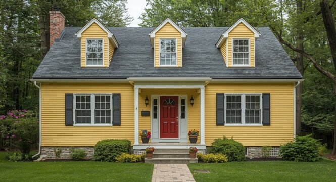 House exterior covered by yellow plastic siding with wood effect