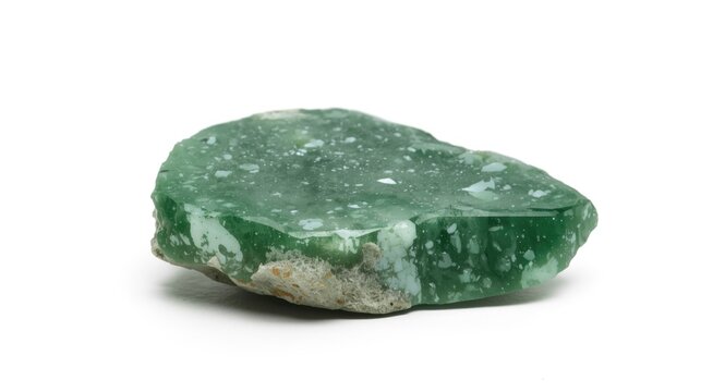 Natural green nephrite rock piece isolated on a solid white surface