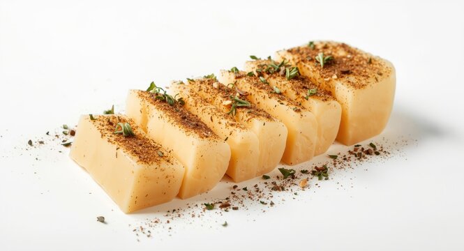 Sliced bryndza cheese with a mixture of herbs and spices on a white background designed for elegant gourmet dishes