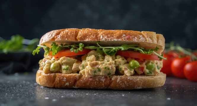 Flavorful chicken salad sandwich with fresh tomatoes, sweet peas, and microgreens on french bread