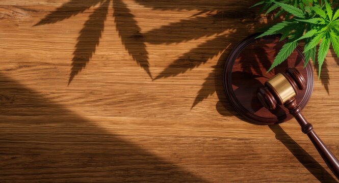 Federal marijuana pardon theme with court gavel and cannabis leaf shadows on wooden table