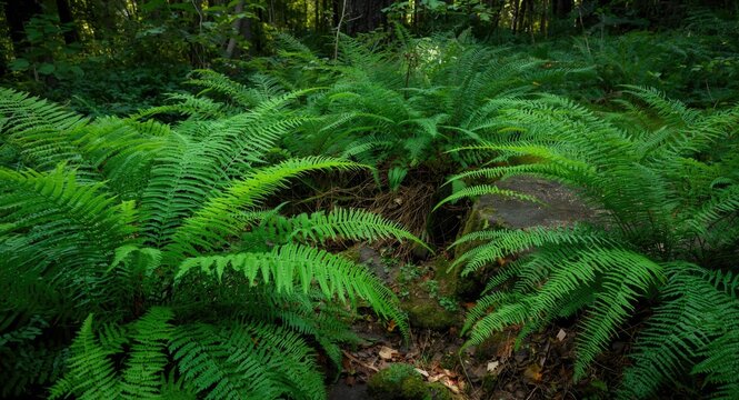 Serene forest setting filled with spreading Asplenium scolopendrium ferns