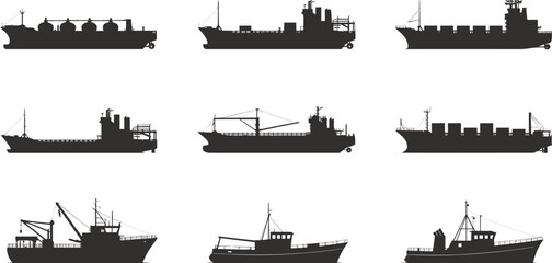 Obraz premium Silhouettes of Various Cargo and Fishing Ships boat