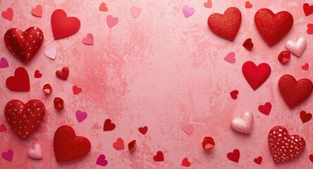 Fototapeta premium Festive Valentine's Day backdrop with red heart decorations and ample copy space
