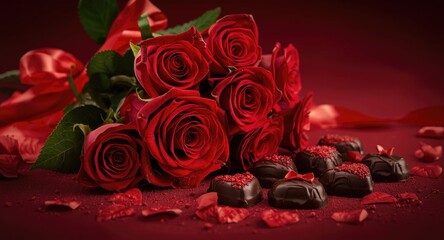 Obraz premium Romantic roses accented with a red ribbon and accompanied by heart shaped chocolates for special events