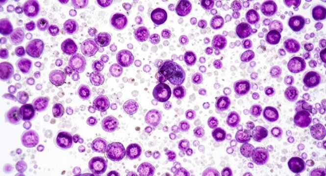 Peripheral blood smear displaying mature lymphocytes and smudge cells associated with chronic lymphocytic leukemia