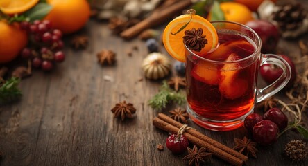Fototapeta premium Orange mulled wine with fresh fruit and spices on natural wood table dynamic background