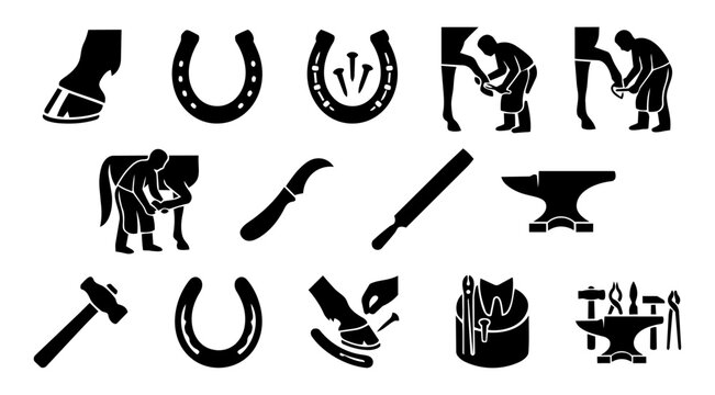 Farrier and Horseshoeing Silhouette Set &ndash; Blacksmith Tools and Horse Hoof Care Icons