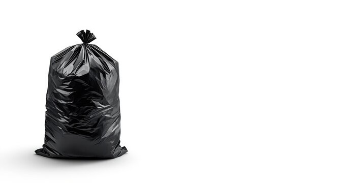Black bin bag isolated on a smooth white background with visible copy space