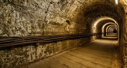 Fototapeta premium Power cables neatly bundled along the aged wall of an underground salt mine tunnel