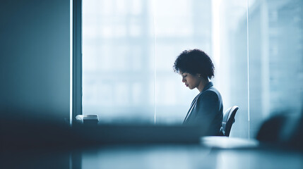 Fototapeta premium Pensive Businesswoman Sits Thoughtfully by Bright Window in Modern Office, Reflecting on Work or Stress in a Quiet, Serene Moment