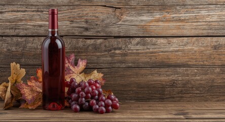 Naklejka premium Bottle of red wine paired with dry vine leaves against weathered wooden backdrop with copy space