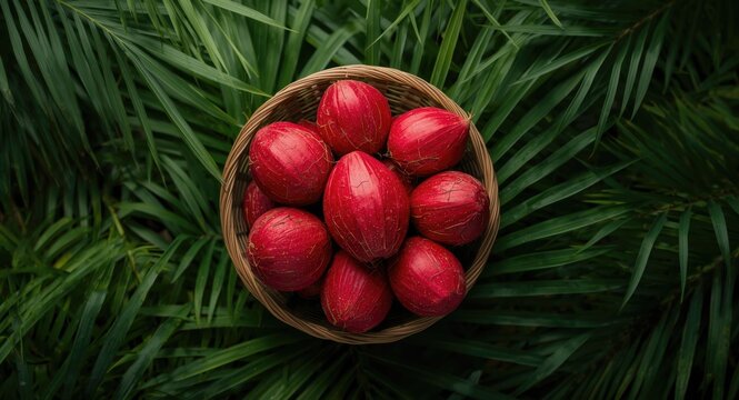 Close up focus on bright scarlet babassu coconuts in a woven basket with dense palm leaf backdrop