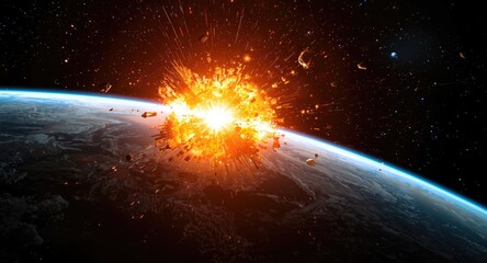 Fototapeta premium Fiery asteroid collision with Earth causing explosion and meteorite fallout with global risks
