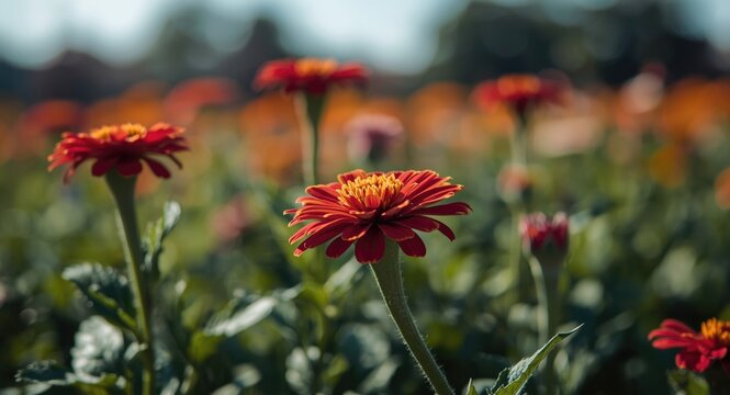 Sharp focused image of garden zinnia flowers taken with full frame camera on a clear day
