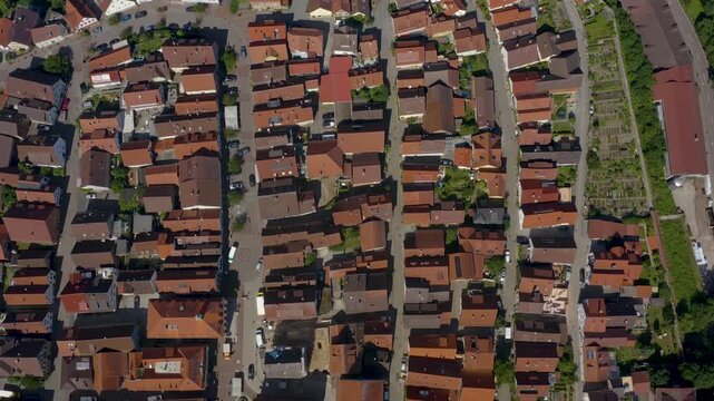 Aerial view of the old town above the city of Marbach in south Germany, on a sunny spring day.