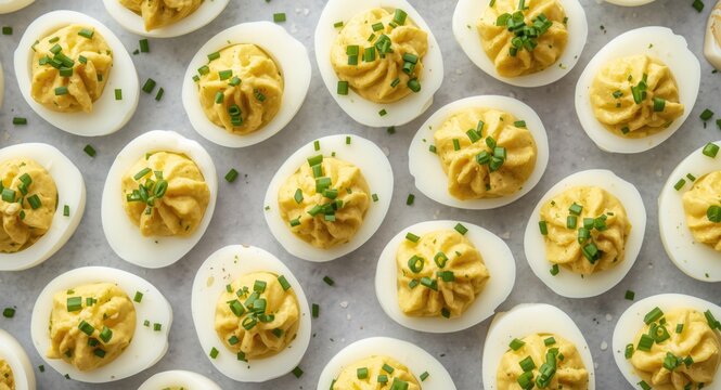 Flat lay of dill pickle deviled eggs garnished with chopped chives suitable for Easter party