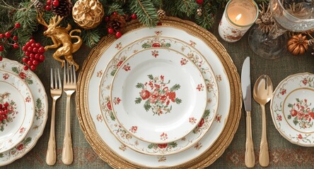 Fototapeta premium Holiday table design with exquisite porcelain dishes paired with cheerful festive embellishments